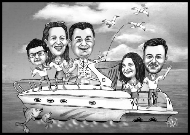 Karikatur einer Familie auf ihrer Yacht.