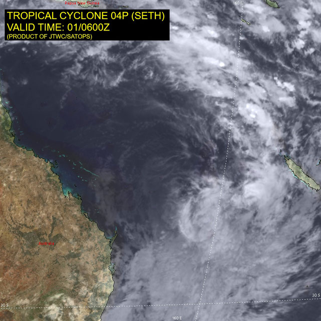 Satellite image of tropical cyclone Seth off the Queensland coast, 02/01/2022. Image from JTWC.