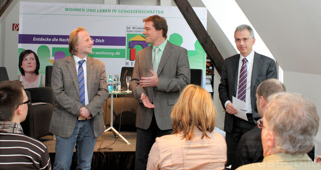 Kooperation der Wohnungsbaugenossenschaften in Frankfurt - Bürgermeister Olaf Cunitz, Ulrich Tokarski und OB Peter Feldmann © dokuphoto.de