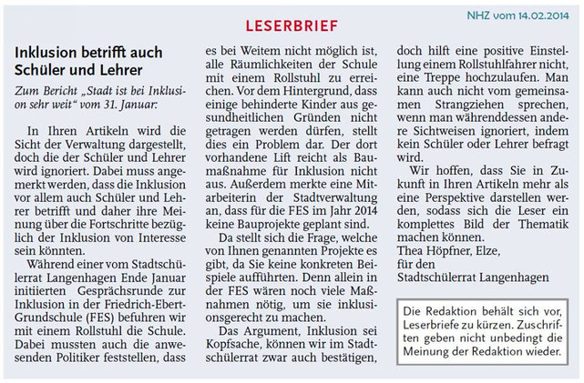 Leserbrief vom 14.04.2014, Thea Höpfner