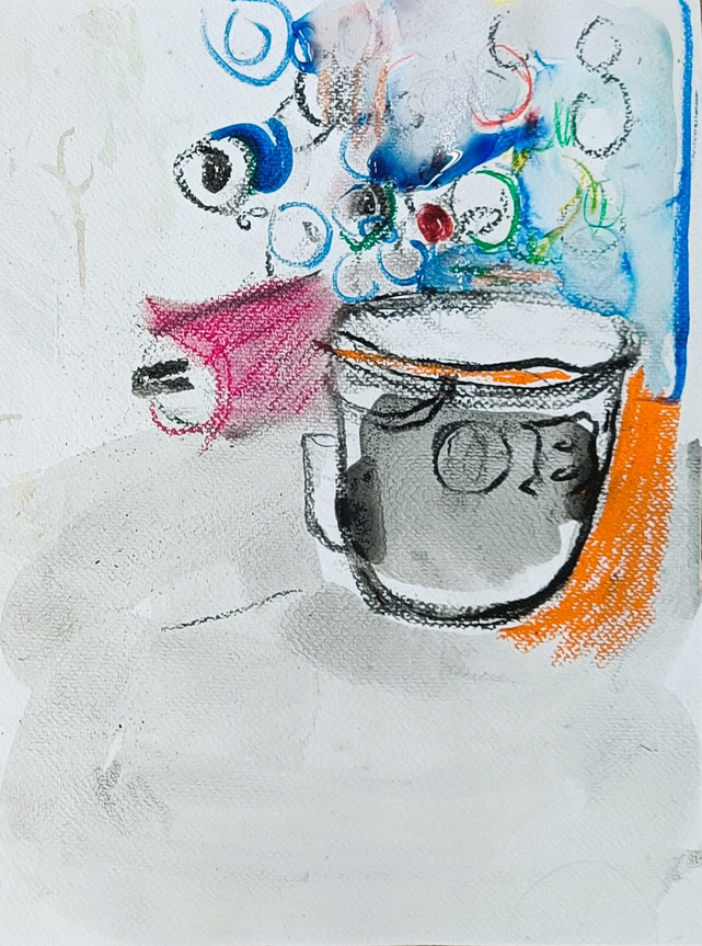 Still life with bookbinding material | 2025 | 32 x 24 cm | drawing on watercolour paper