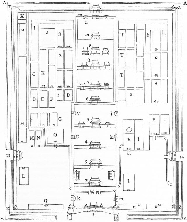 Plan du palais impérial de Péking. Alphonse FAVIER (1837-1905) : Péking. Description. — Desclée de Brouwer, Paris, Lille, 1902, pages 271-408.