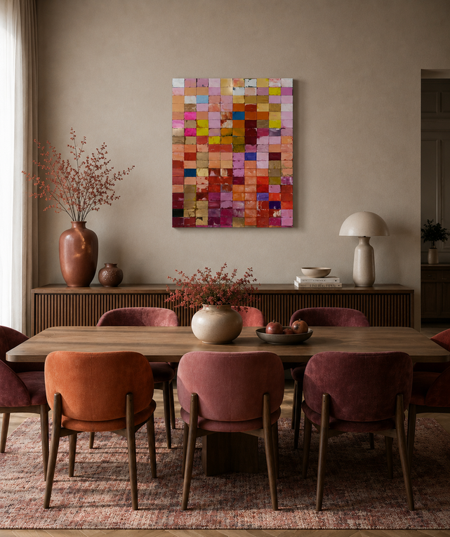 Modern kubistisch abstract schilderij Sweet Dreams in roze, paarse en blauwe tinten.