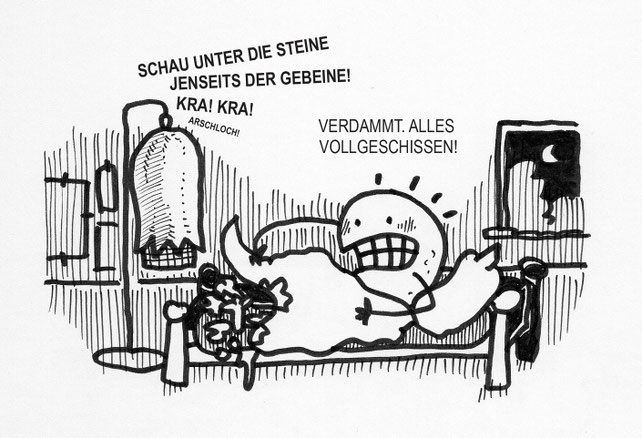Ein Kartoffel Cartoon mit Blacky und Justus Jonas. Schalt mal den Vogel aus, damit wir zuhören können. 