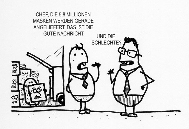 Ein spassiger Kartoffel Cartoon. Wenn die politik masken bestellt, dann sollte man auf das kleingedruckte achten.