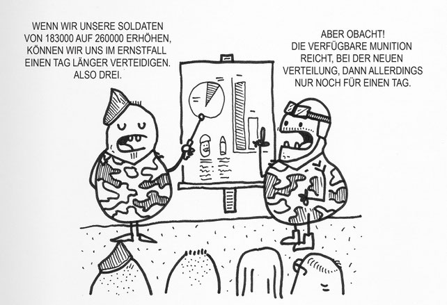 Ein verteidigender Kartoffel Cartoon. Die Bundeswehr analysiert den Ernstfall.