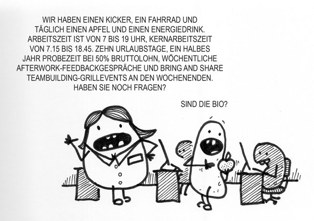 Ein biologischer Kartoffel Cartoon. Vorstellungsgespräch mit Bio-Apfel.