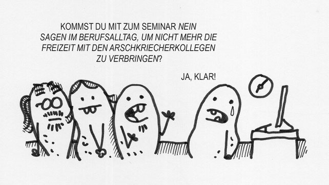 Ein Arschkriecher Kartoffel Cartoon. Feierabend ade, Kollegen und Seminare.