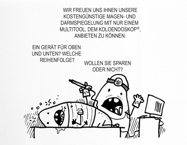 Ein tiefsinniger Kartoffel Cartoon. Darmspiegelung und Magenspiegelung in einem Abwasch. Sensationell.