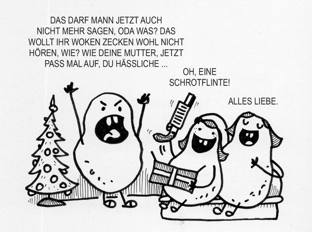 Ein weihnachtliche Kartoffel Cartoon. Toxischer Vater bekommt sein ganz persönliches Geschenk.