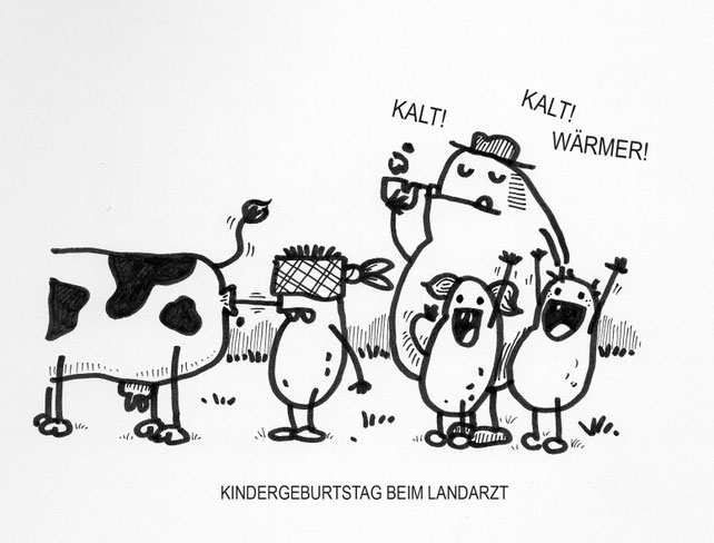Ein Kindergeburtstag Kartoffel Cartoon. Irgendwo muss die Schoki doch sein