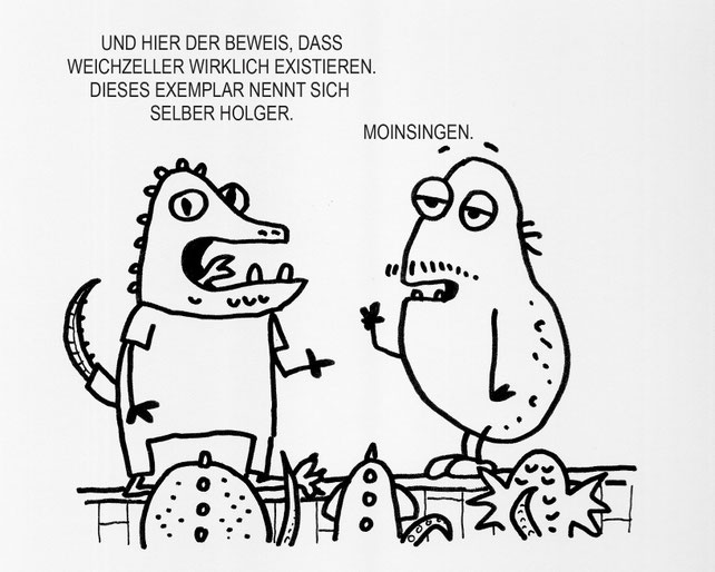 Ein Verschwörungs Kartoffel Cartoon. Echsenmenschen sind erstaunt: Menschen gibt es wirklich.