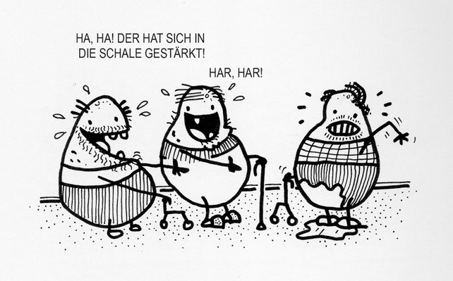 Ein lustiger Kartoffel Cartoon. Diskriminierung im Altenheim. Kartoffel hat sich eingenässt. 