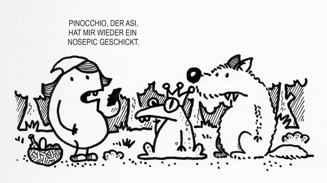 Ein märchenhafter Kartoffel Cartoon. Rotkäppchen, Froschkönig und der böse Wolf. 