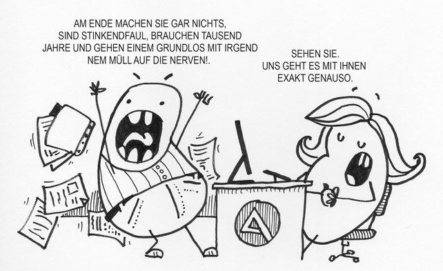 Ein wütender Kartoffel Cartoon. Kunde dreht ab im Arbeitsamt.