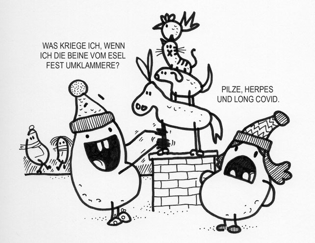 Ein Bremer Kartoffel Cartoon. Die Stadtmusikanten lassen Wünschw wahr werden.