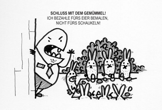 Ein bunter Kartoffel Cartoon zu Ostern. Erst arbeiten, dann mümmeln. 