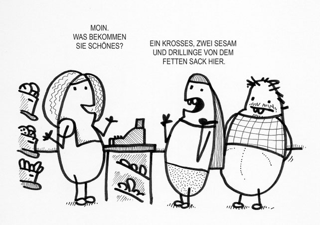 Ein Kartoffel Cartoon beim Bäcker. Wer fragt kriegt Antworten