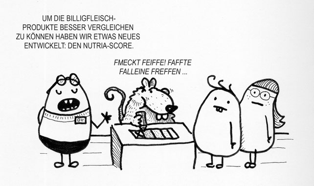 Ein tierischer Kartoffel Cartoon. Der Nutria Score ist die Lösung.