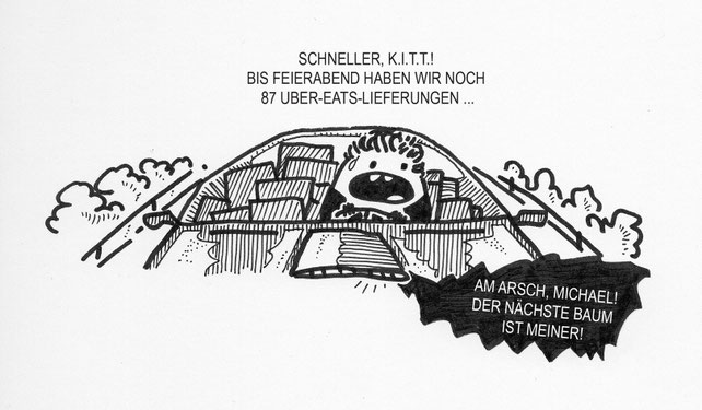 Ein 80er Kartoffel Cartoon. Michael und sein Wunderauto haben keine rosige Zukunft.