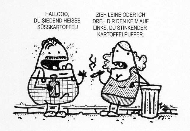 witziger kartoffel cartoon in dem ein betrunkener eine dame anspricht. 