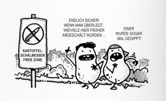 Ein aktueller Kartoffel Cartoon. Waffenfreie Zone - zwei Kartoffeln fühlen sich sicher.