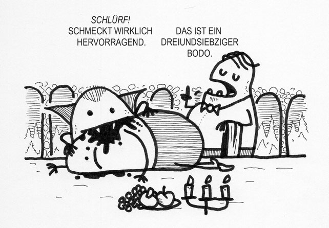 Ein blutsaugender Kartoffel Cartoon. Ein Vampir bei der Weinprobe.
