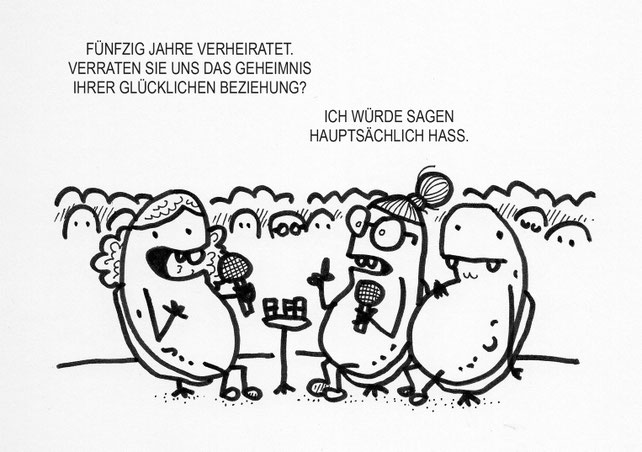 Ein Kartoffel Cartoon. Thema Glückliche Beziehung in der Talkshow Drei nach Zwölf.