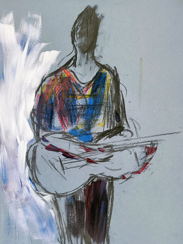 THE GUITARIST II | 2025 | 59,7 x 42 cm | drawing & painting on blue paper