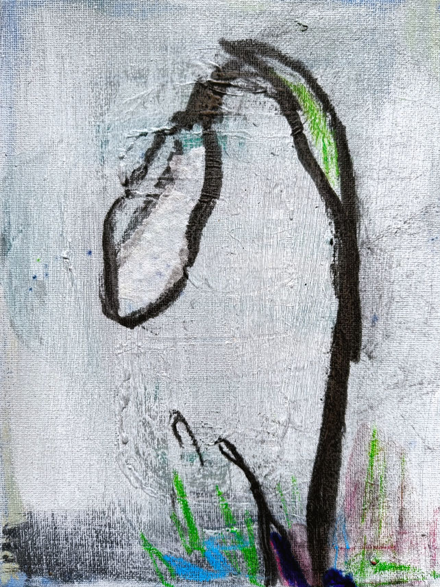 SNOWDROP FLOWER I | 2026 | 24 x 18 cm | acrylic, charcoal, pastel, wax crayon, ink brush pen, handmade paper, collage on canvas created pleinair