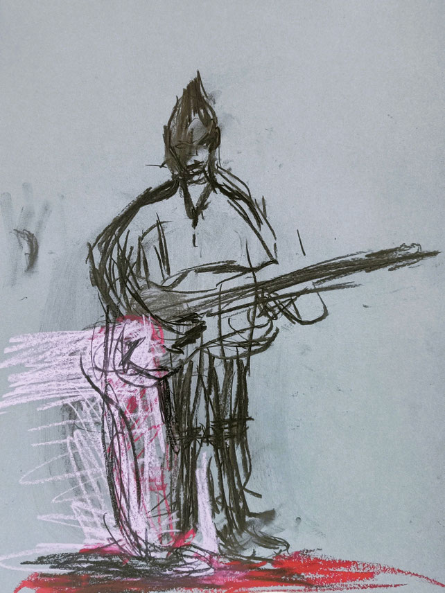 THE GUITARIST I | 2025 | 59,7 x 42 cm | drawing & painting on blue paper