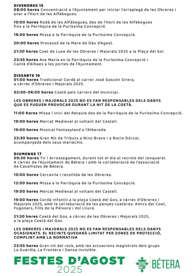 Programa del Mercado Medieval y Fiestas de Betera