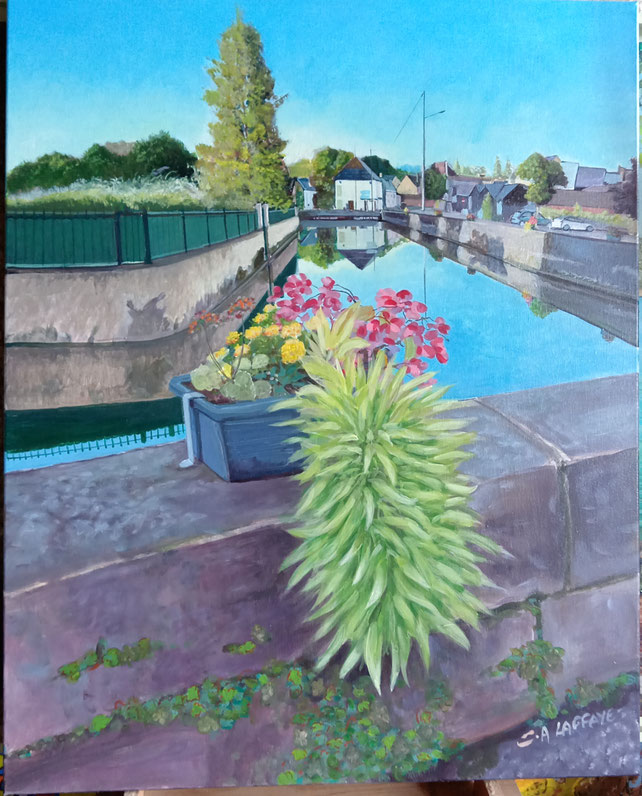 Série:"Au fil de l'eau" Moulins-Engilbert. Acryl. sur toile. Disponible.Cote I-CAC 1350€.