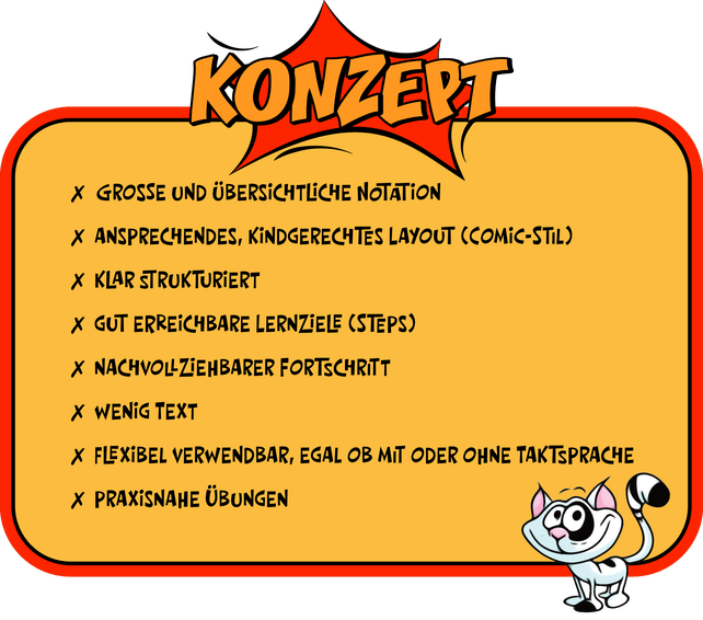 Konzept, kindgerechtes Layout (Cartoon), grosse und übersichtliche Notation