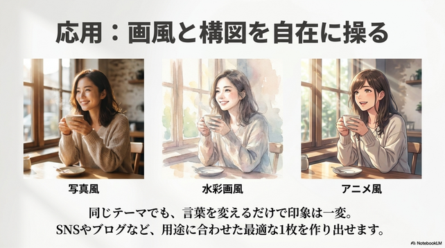 AIアートスクールでは、  画風や構図の指定方法も学べます。
