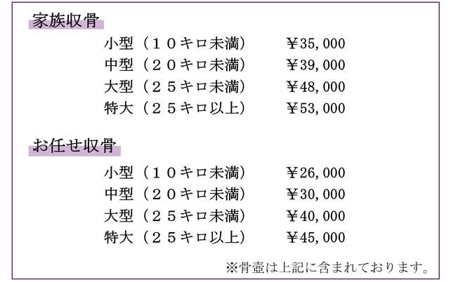 【家族収骨】小型（１０キロ未満）￥31,350、中型（２０キロ未満）￥35,150、大型（３０キロ未満）￥40,850、特大（３０キロ以上）￥43,700　【お任せ収骨】小型（１０キロ未満）￥22,800、中型（２０キロ未満）￥26,600、大型（３０キロ未満）￥35,150、特大（３０キロ以上）￥37,050、※骨壺は上記に含まれております。