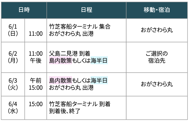 小笠原１泊４日の旅ツアースケジュール