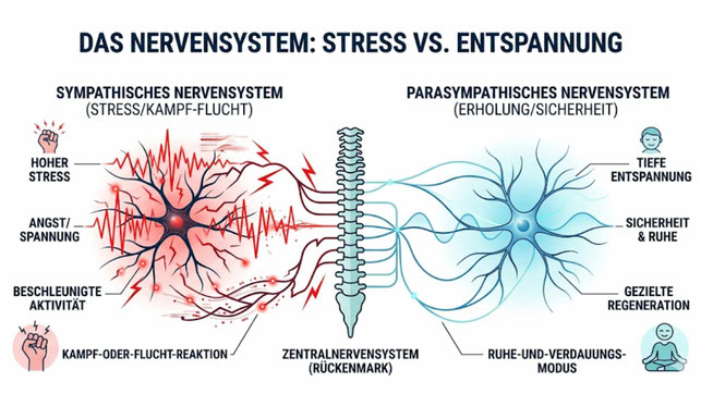 Gegenüberstellung des autonomen Nervensystems im Zustand von chronischem Stress (Sympathikus) und tiefer Regeneration (Parasympathikus).