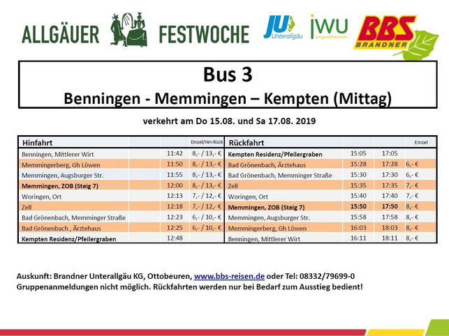 Shuttlebus Festwoche 2019 Benningen Memmingen Kempten Mittag