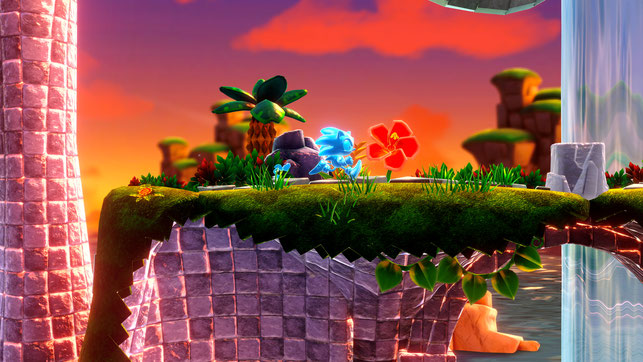 Sonic läuft mit seiner Wasserkraft durch Bridge Island Zone in Sonic Superstars von Arzest, Sonic Team und Sega