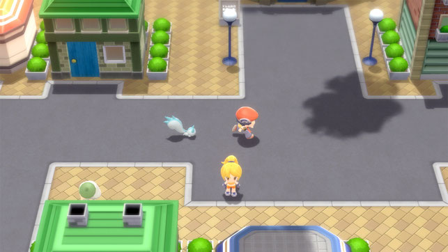 Der Protagonist läuft mit Pachirisu durch eine Stadt in Pokémon Strahlender Diamant und Leuchtende Perle für Nintendo Switch