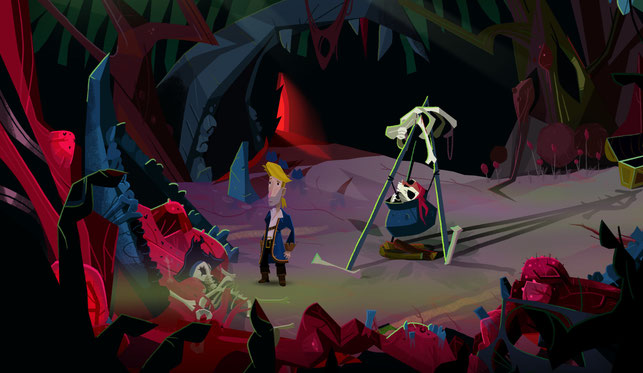 Guybrush steht vor Skeletten in Return to Monkey Island von Terrible Toybox und Devolver Digital