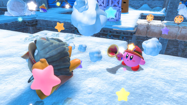 Kirby trifft einen Ranger mit der Pistole in Kirby und das vergessene Land für Nintendo Switch
