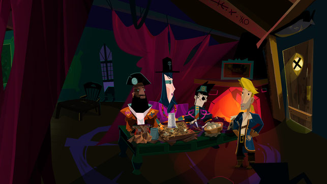 Guybrush steht vor den 3 Piraten in der Scumm Bar in Return to Monkey Island von Terrible Toybox und Devolver Digital