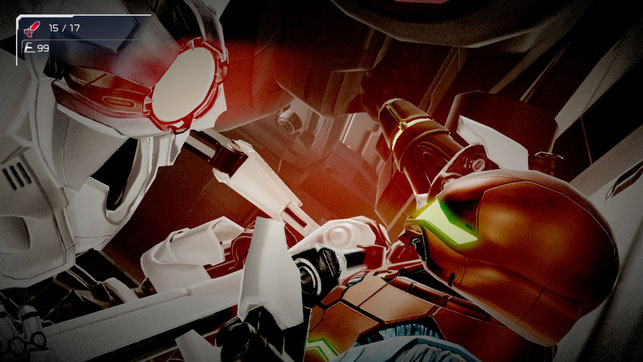 Samus Aran wird von einem E.M.M.I. angegriffen in Metroid Dread von MercurySteam für die Nintendo Switch.