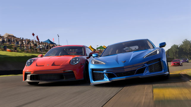 Ein Ferrari und eine Corvette fahren auf der Strecke in Forza Motorsport von Turn10 Studios und Xbox Game Studios