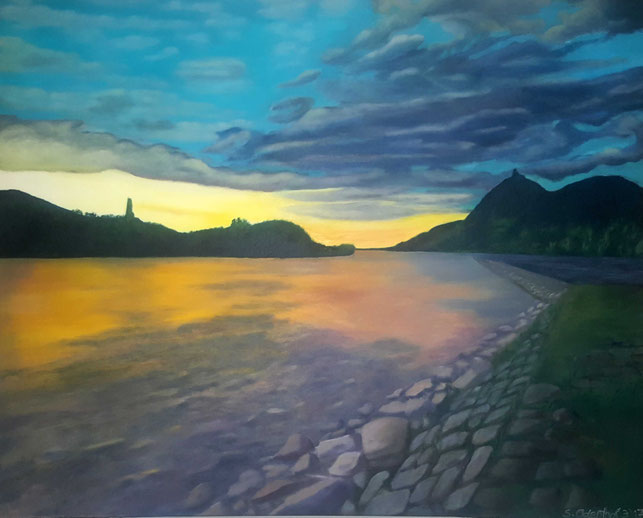 Rheinblick, Malerei, Gemälde, Ölgemälde, Ölbild, Rhein, Bad Honnef, Insel Grafenwerth, Insel, Grafenwerth, Drachenfels, Siebengebirge, Sonnenuntergang,  Natur, Berge, Landschaft, Flusslandschaft, Sabine Odenthal, Steine, Wolken, Cloud, 