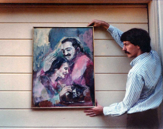 1982 : Christopher holding a Phyllis Ott painting in California 1982.