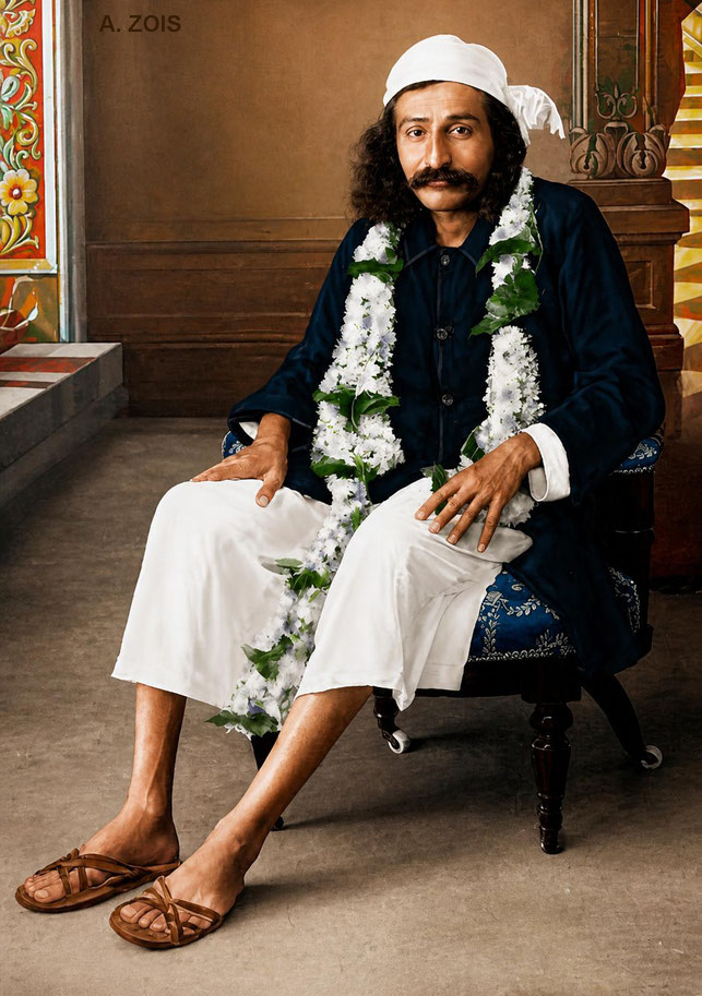 1926 : Ahmednagar, India. Meher Baba garlanded & wearing the Kamli coat. Image rendition by Anthony Zois. BP
