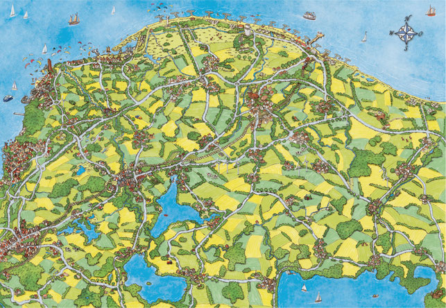Diese detailreiche Wimmel-Illustration zeigt die Probstei, die Region östlich der Kieler Förde. Gewässer, Straßen und alle kleinen Orte an der Küste und im Binnenland, kannst du hier entdecken!